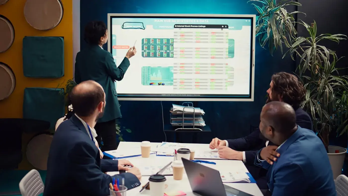 Team meeting around a large data display